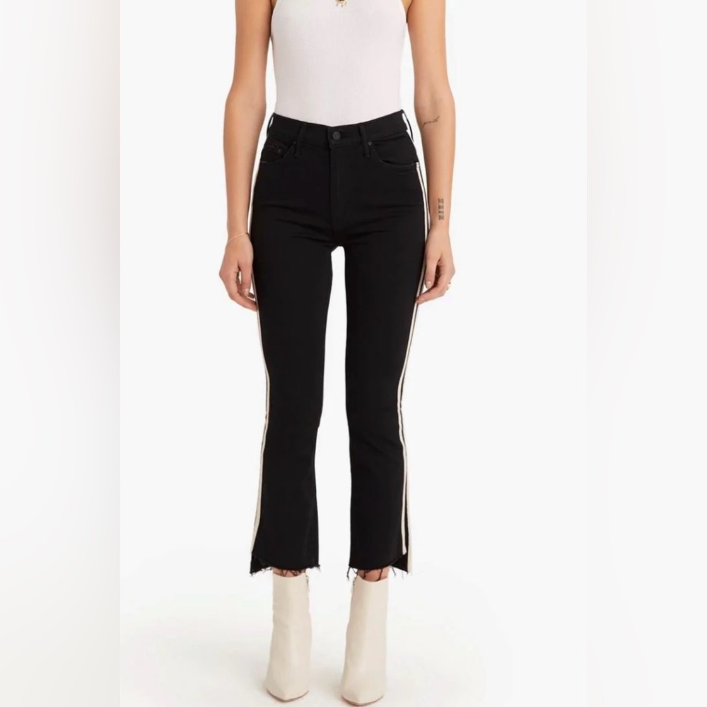 MOTHER Insider Striped Crop Frayed Hem Black Jeans (Size 27, Black Striped)